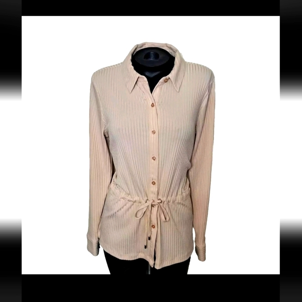 Calvin Klein Women Pink Sz Small Long Sleeves Button Up Blouse Cinch Waist B20#2